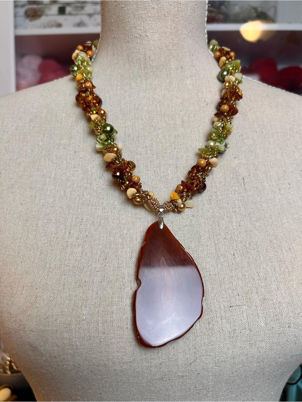 Artisan Chunky Carnelian Agate Slice Pendant Necklace, Carnelian Peridot Earthy - Picture 3 of 11